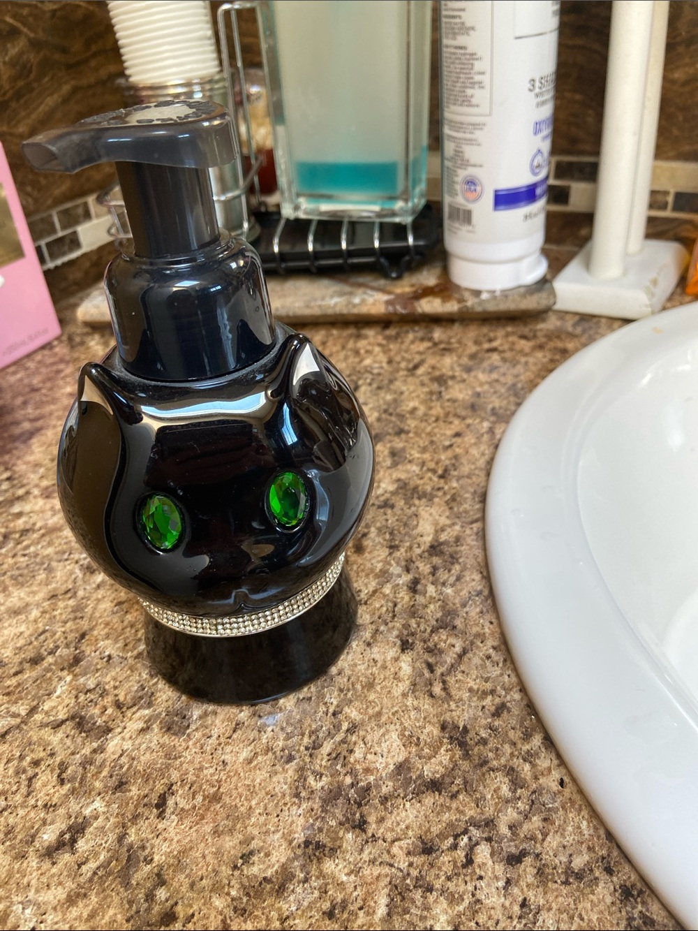 Black Cat Decorative Soap Dispenser with Green Gem Eyes